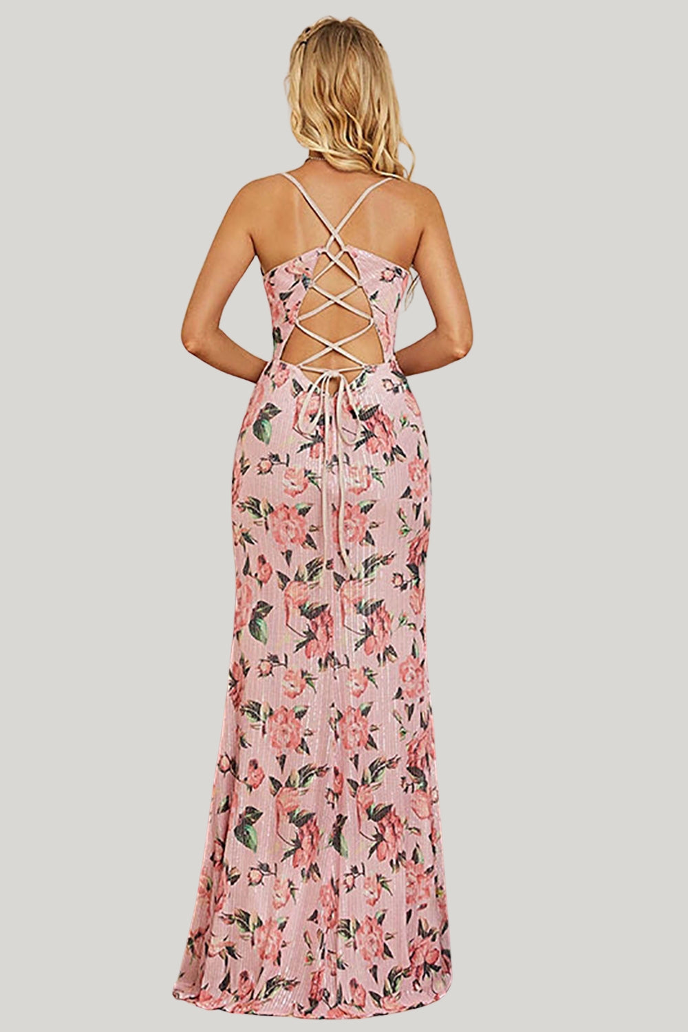 Sheath Flower Printed Blush A Line Maxi Dress with Slit - Image 2