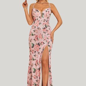 Sheath Flower Printed Blush A Line Maxi Dress with Slit