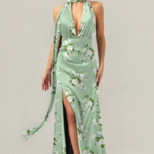 Sage Floral Halter Backless Slit Sheath Maxi Dress with Neck Ribbon