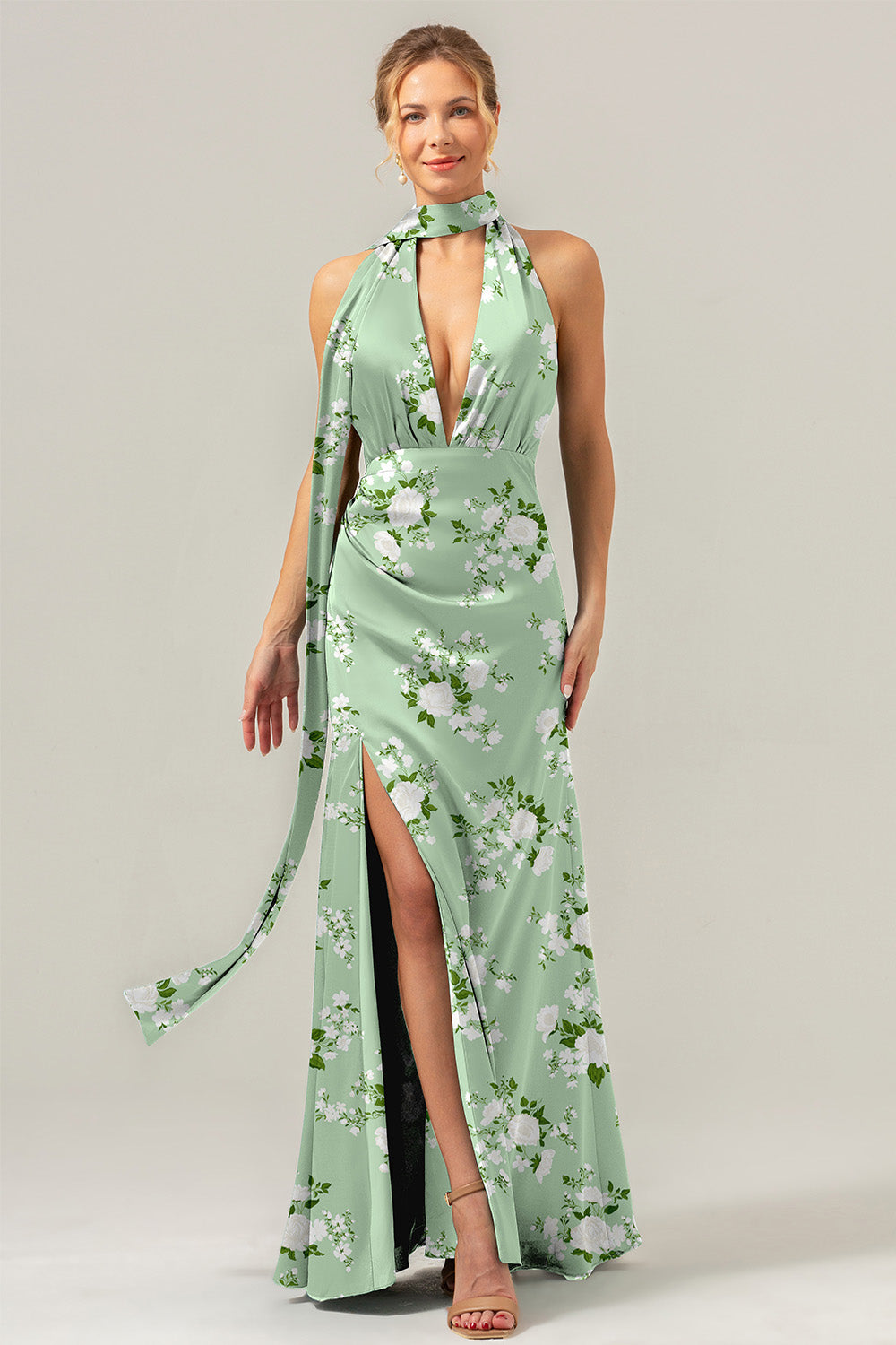 Sage Floral Halter Backless Slit Sheath Maxi Dress with Neck Ribbon