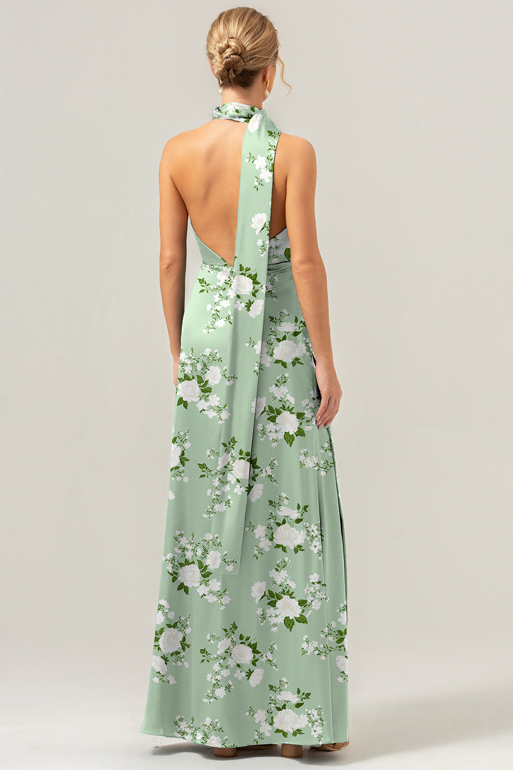 Sage Floral Halter Backless Slit Sheath Maxi Dress with Neck Ribbon - Image 2