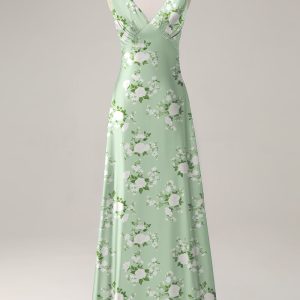 Sage White Flower A Line Print V Neck Maxi Dress