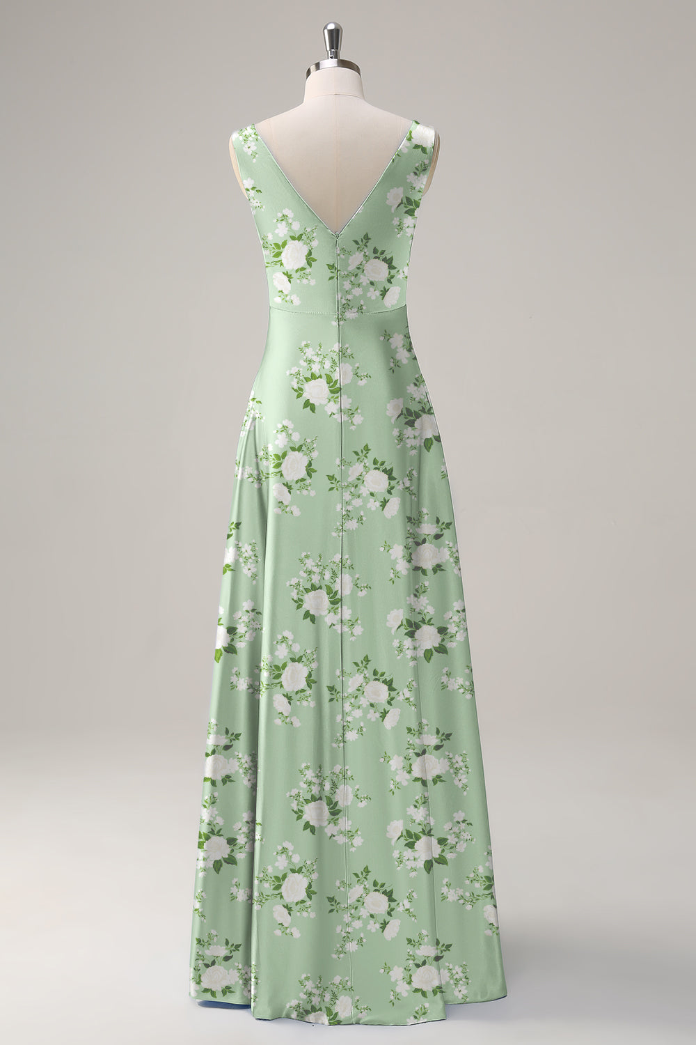 Sage White Flower A Line Print V Neck Maxi Dress - Image 2