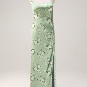 Sage White Flower Sheath Spaghetti Straps Slit Maxi Dress with Ribbon