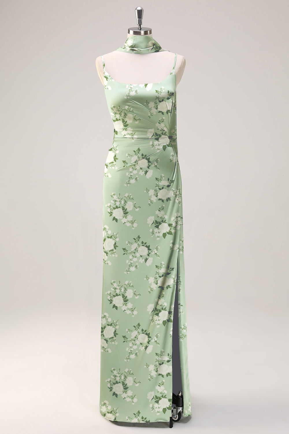 Sage White Flower Sheath Spaghetti Straps Slit Maxi Dress with Ribbon