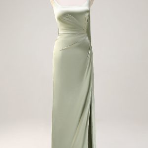 Sage Sheath Spaghetti Straps Slit Bridesmaid Dress with Ribbon