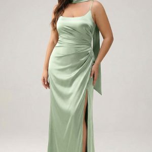 Sage Sheath Satin Plus Size Maxi Bridesmaid Dress