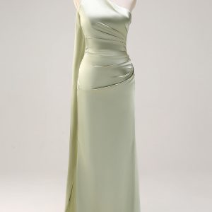 Sage One Shoulder Sheath Bridesmaid Dress with Ribbon