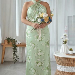 Sage White Floral Halter Plus Size Sheath Bridesmaid Dress