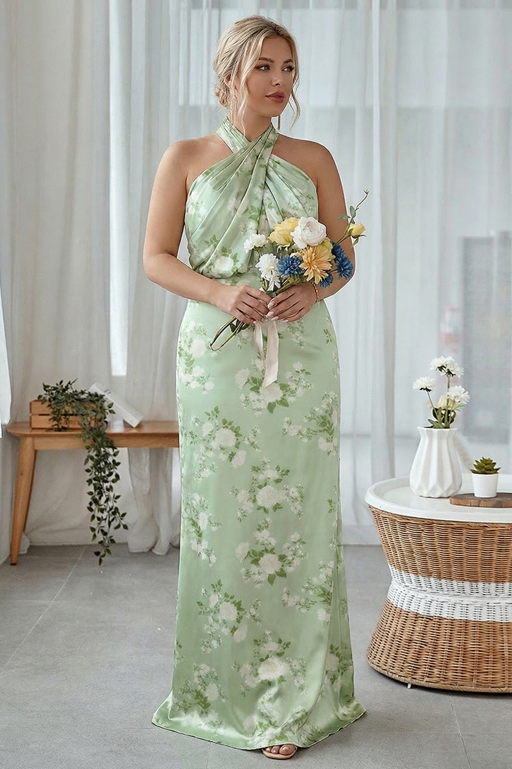 Sage White Floral Halter Plus Size Sheath Bridesmaid Dress