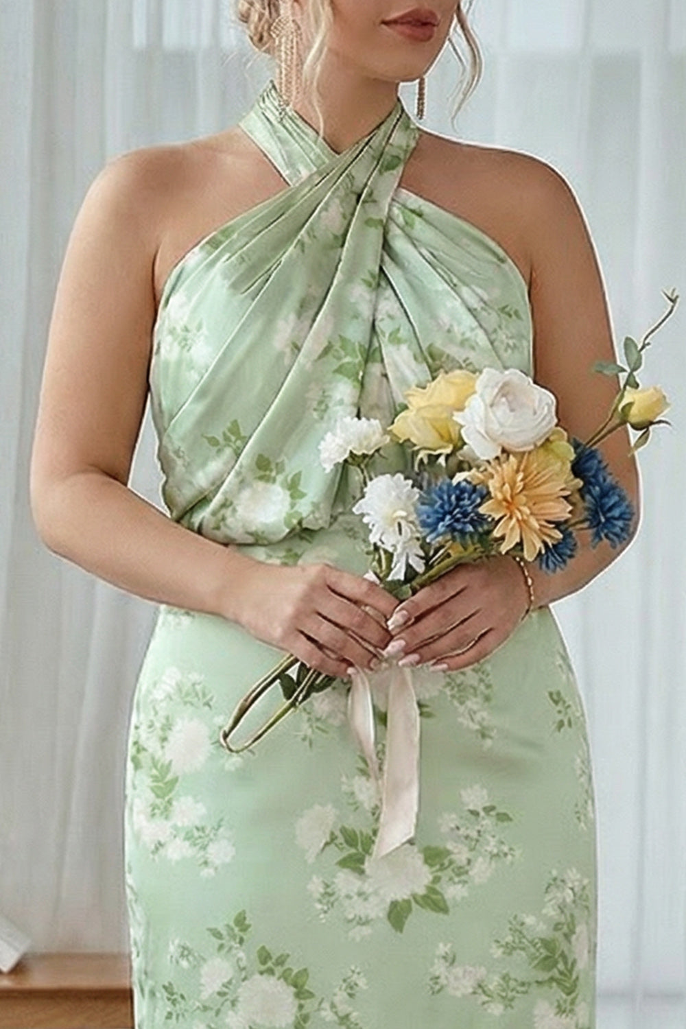Sage White Floral Halter Plus Size Sheath Bridesmaid Dress - Image 3