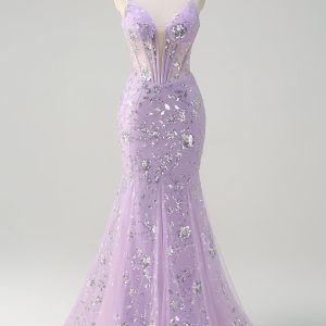 Sequined Lilac Corset Mermaid Prom Dress with Lace-up Back