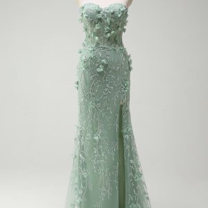 Sage Mermaid Sweetheart Floral Appliqued Long Prom Dress with Slit