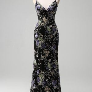 Sequins Mermaid Spaghetti Straps Black Prom Dress with Appliques