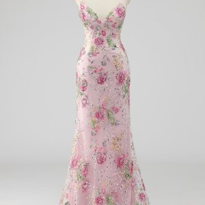 Sequins Mermaid Spaghetti Straps Pink Prom Dress with Appliques