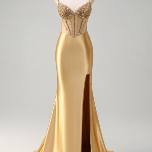 Satin Mermaid Gloden Sequined Corset Prom Dress with Slit
