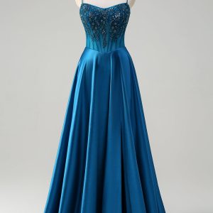 Satin Blue A Line Pleated Corset Beaded Prom Dress with Lace-up Back