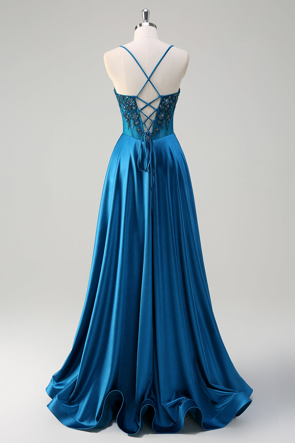 Satin Blue A Line Pleated Corset Beaded Prom Dress with Lace-up Back - Image 2