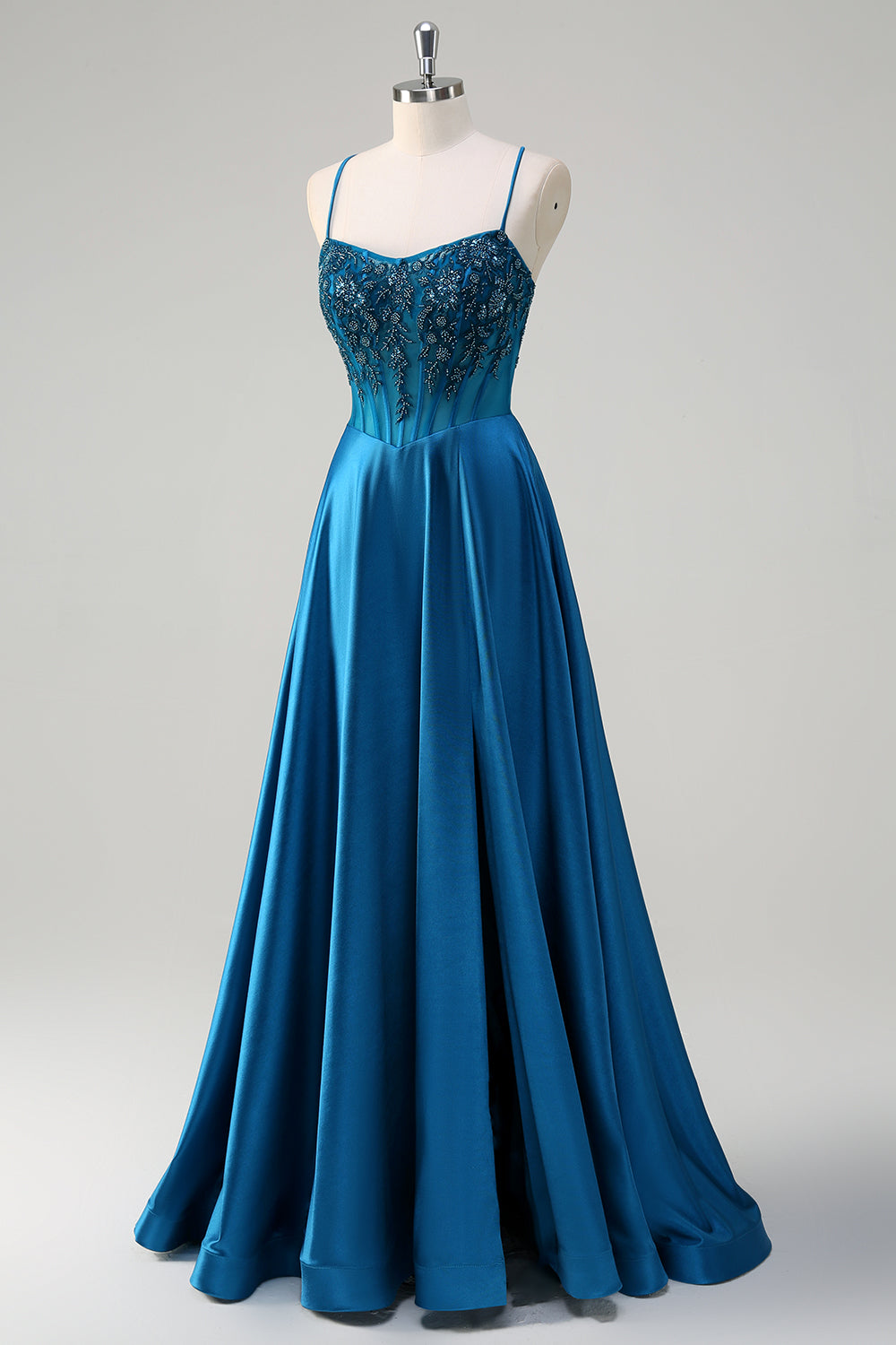 Satin Blue A Line Pleated Corset Beaded Prom Dress with Lace-up Back - Image 3