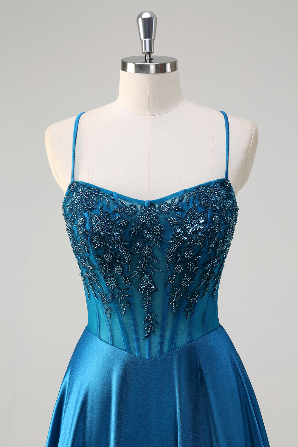 Satin Blue A Line Pleated Corset Beaded Prom Dress with Lace-up Back - Image 4