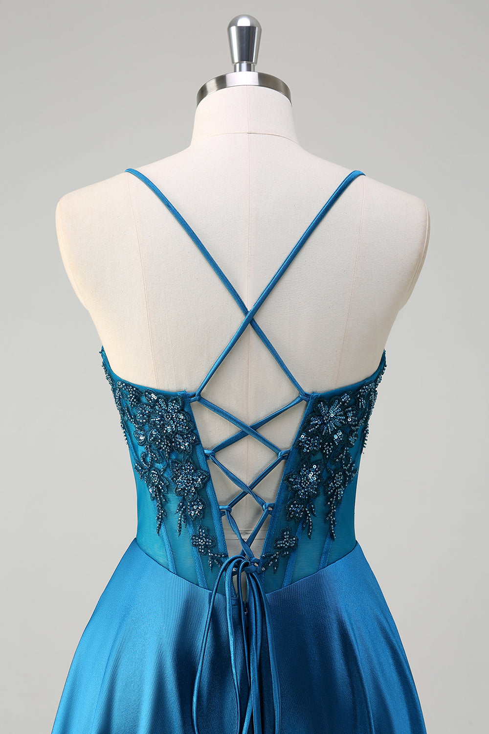 Satin Blue A Line Pleated Corset Beaded Prom Dress with Lace-up Back - Image 5