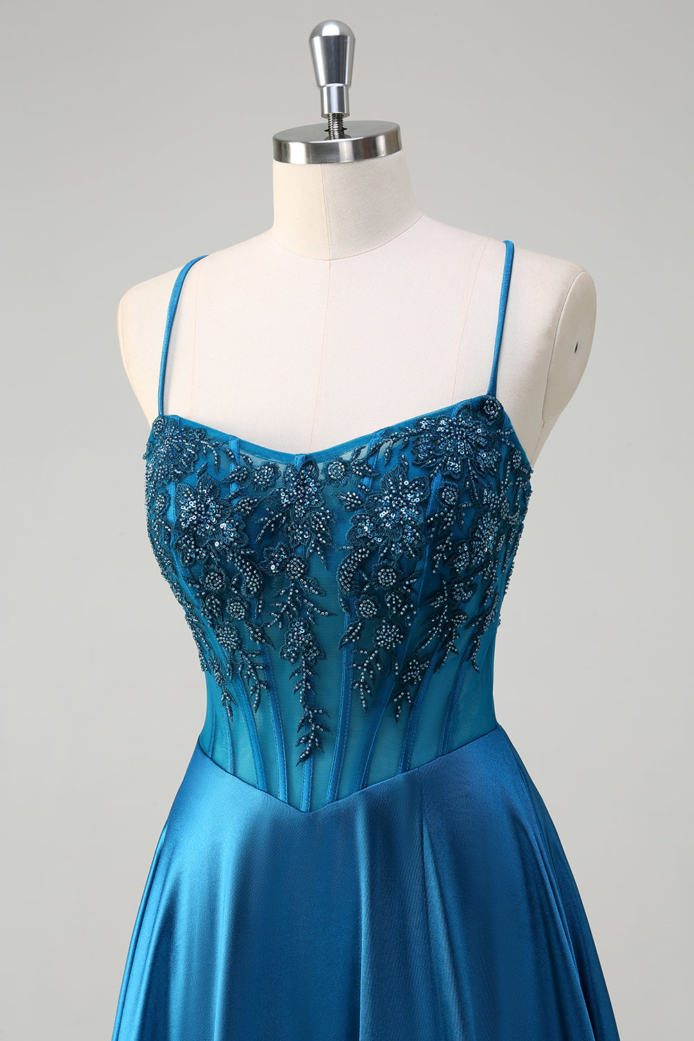 Satin Blue A Line Pleated Corset Beaded Prom Dress with Lace-up Back - Image 6