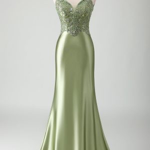 Sage Sequined Satin Mermaid Prom Dress with Lace-up Back