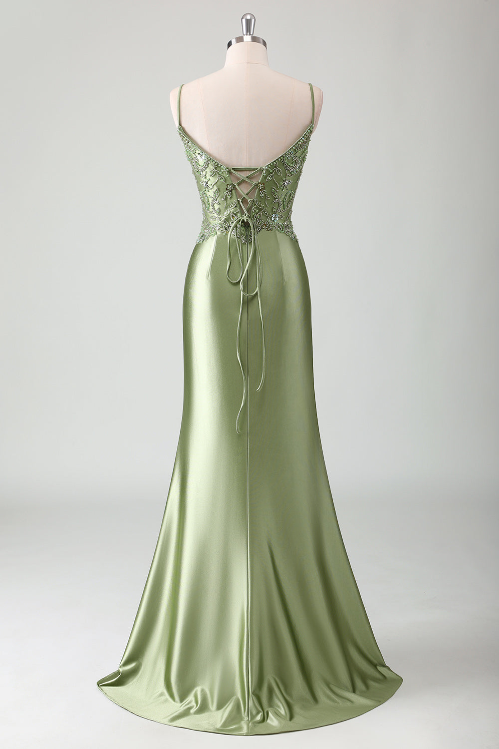 Sage Sequined Satin Mermaid Prom Dress with Lace-up Back - Image 2