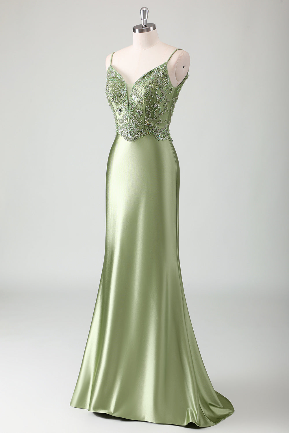 Sage Sequined Satin Mermaid Prom Dress with Lace-up Back - Image 3