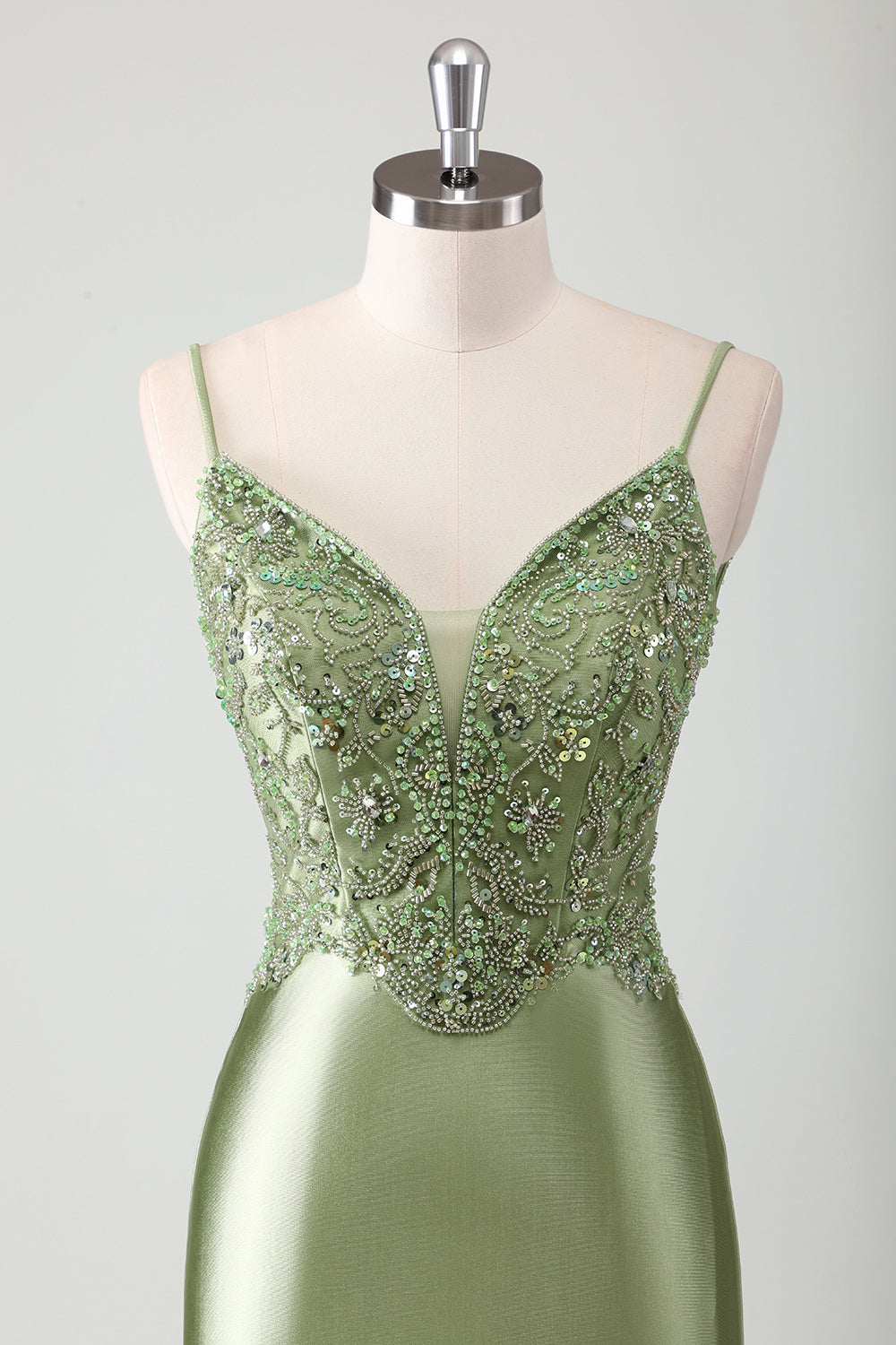 Sage Sequined Satin Mermaid Prom Dress with Lace-up Back - Image 4