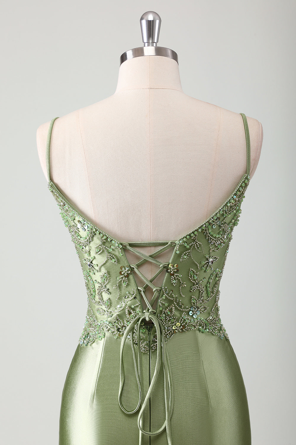 Sage Sequined Satin Mermaid Prom Dress with Lace-up Back - Image 5