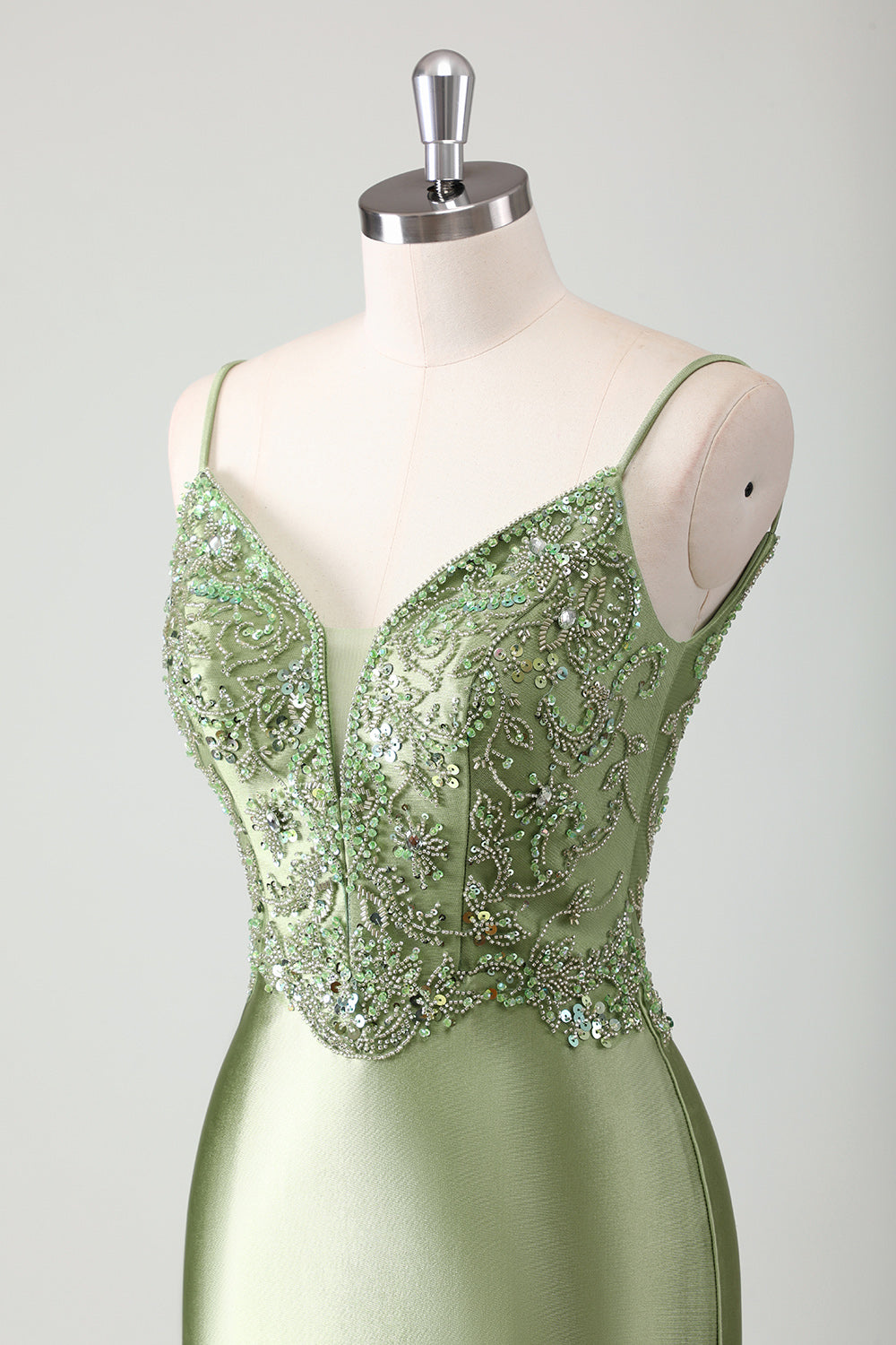 Sage Sequined Satin Mermaid Prom Dress with Lace-up Back - Image 6