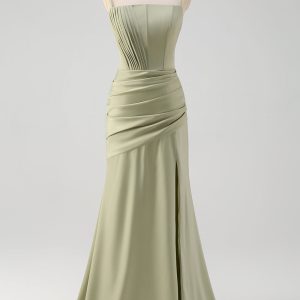 Sage Pleated Corset Mermaid Maxi Prom Dress with Slit