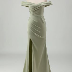 Sage Off the Shoulder Ruched Mermaid Maxi Prom Dress with Slit