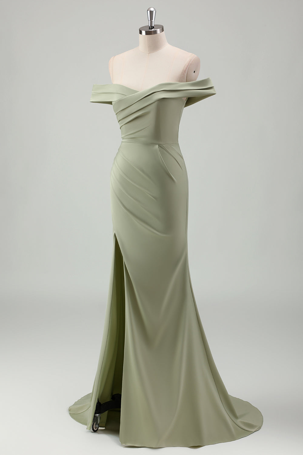 Sage Off the Shoulder Ruched Mermaid Maxi Prom Dress with Slit - Image 3