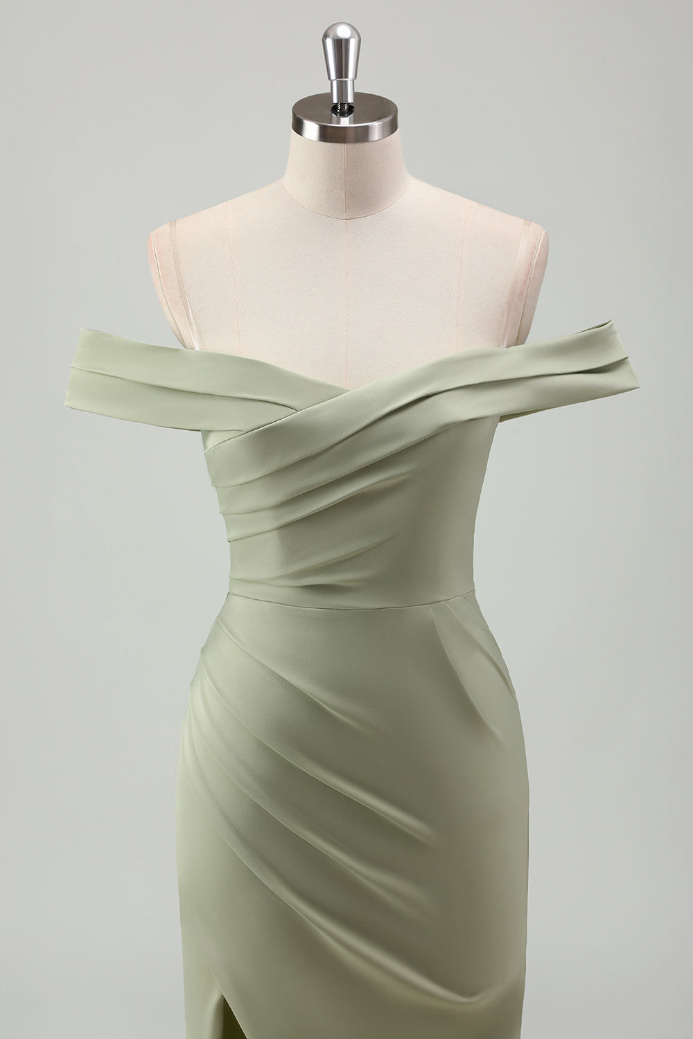 Sage Off the Shoulder Ruched Mermaid Maxi Prom Dress with Slit - Image 4