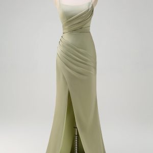 Sage Mermaid Pleated Bridesmaid Dress with Slit