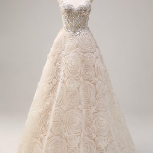 Shallow Champagne Flower A Line Sequined Corset Prom Dress