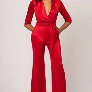Satin Lapel Red Jumpsuit with 3/4 Sleeves