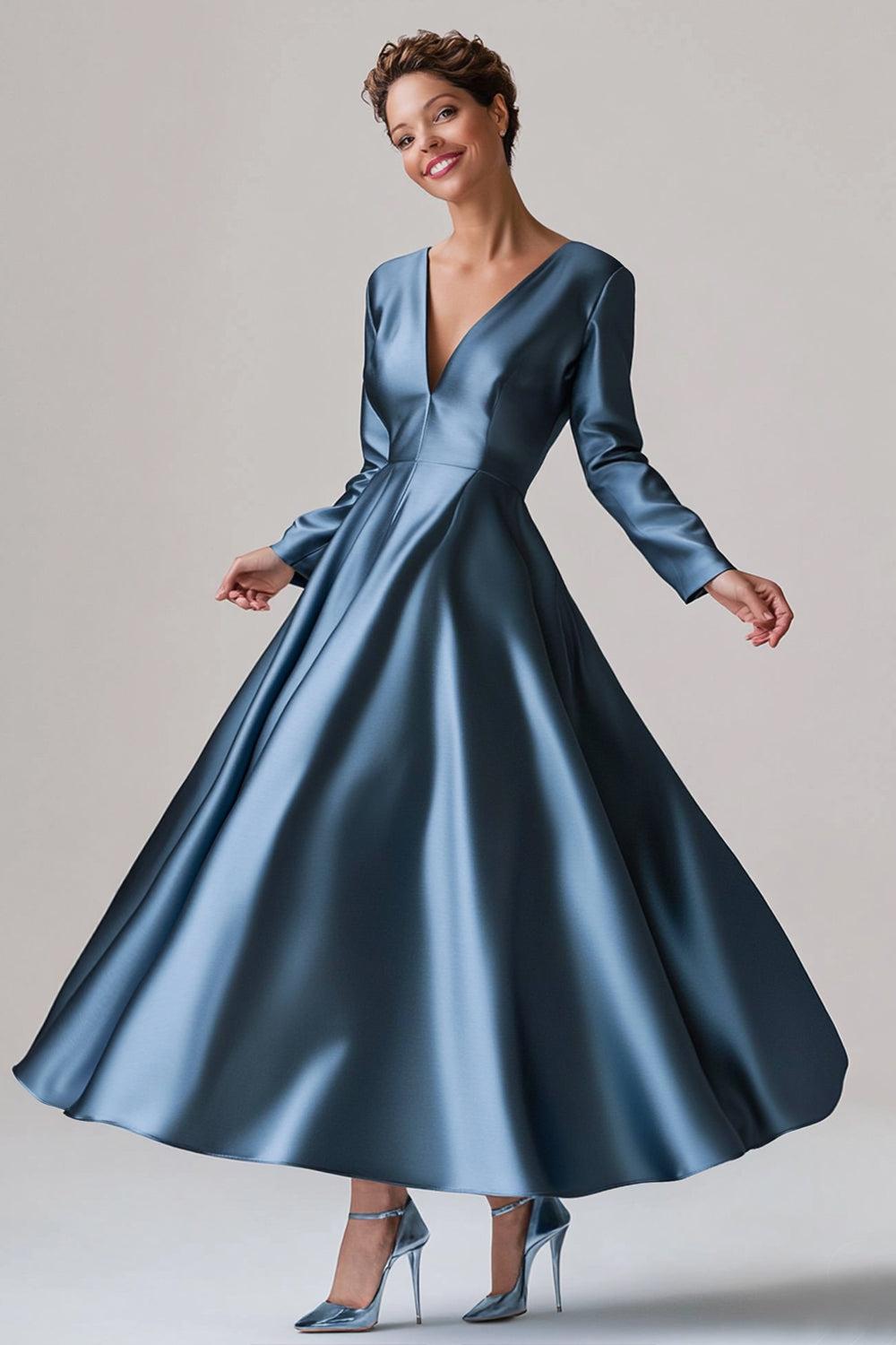 Satin A Line V Neck Long Sleeve Blue Mother of the Bride Dress