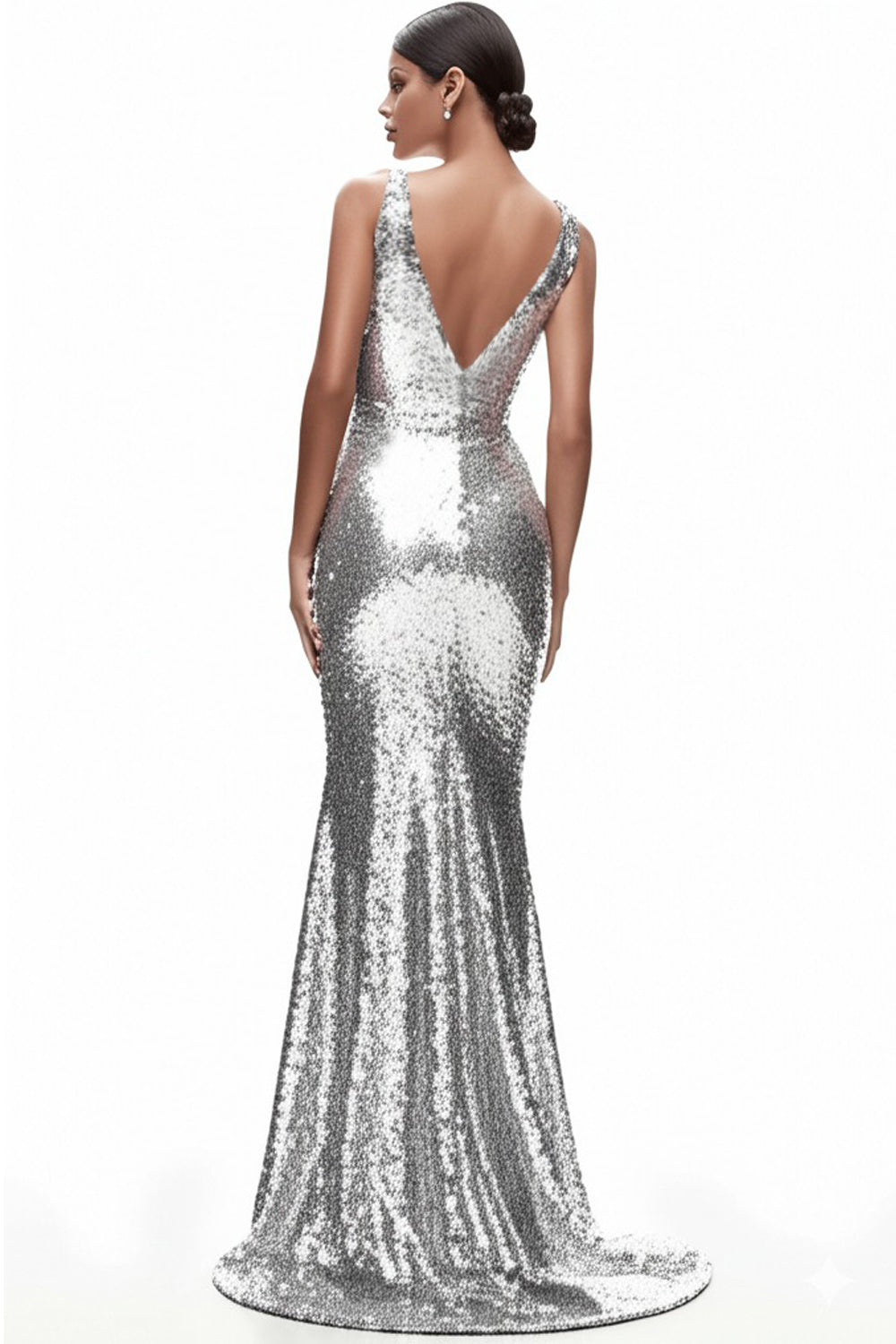 Sequined Silver V Neck Mermaid Formal Dress - Image 2
