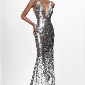 Sequined Silver V Neck Mermaid Formal Dress