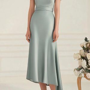 Satin Grey Boat Neck Mother of the Bride Dress with Belt