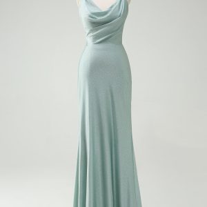 Glitter Sage Mermaid Spaghetti Straps Long Prom Dress with Lace Up Back