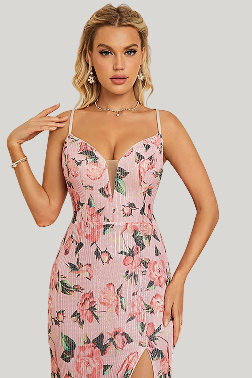 Sheath Flower Printed Blush A Line Maxi Dress with Slit - Image 6