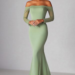 Sage Mermaid Mesh Off the Shoulder Formal Dress with Long Sleeves