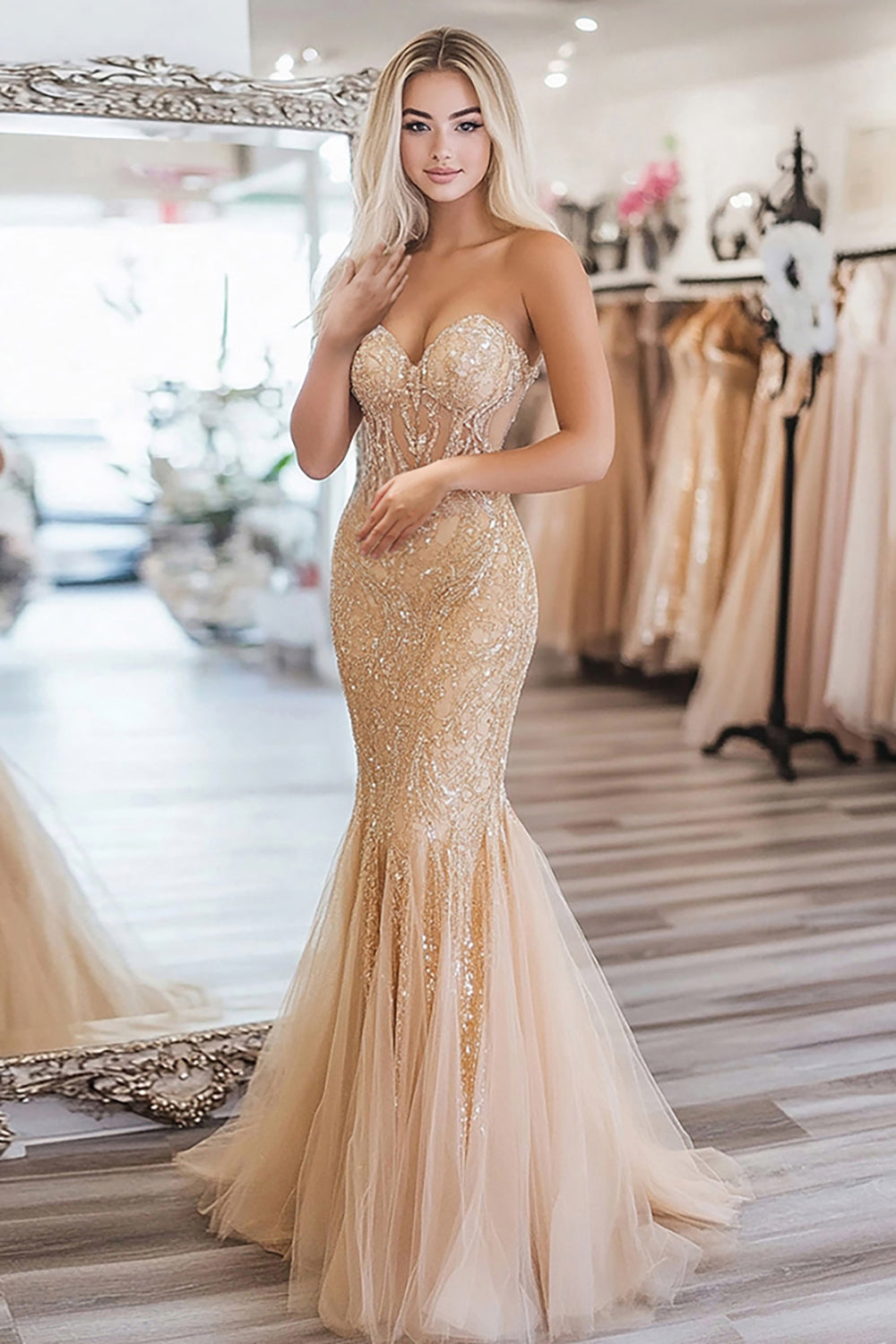 Sequined Gold Sweetheart Mermaid Prom Dress with Lace-up Back - Image 2