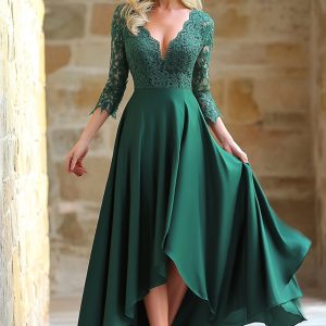 Satin Lace Dark Green A Line V Neck 3/4 Sleeves Mother of the Bride Dress