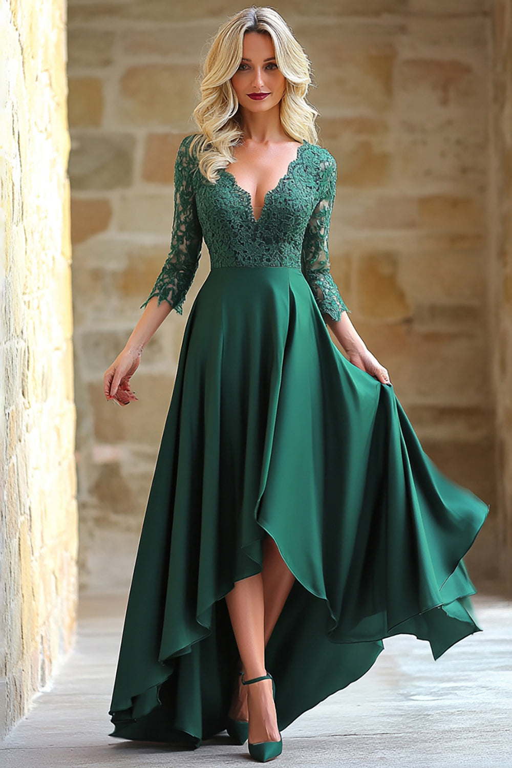Satin Lace Dark Green A Line V Neck 3/4 Sleeves Mother of the Bride Dress