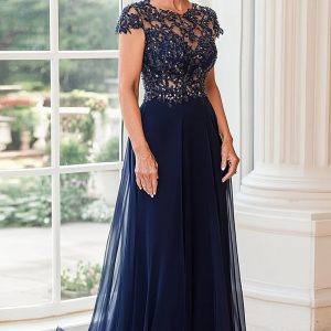 Scoop Neck A Line Navy Cap Sleeves Mother of the Bride Dress